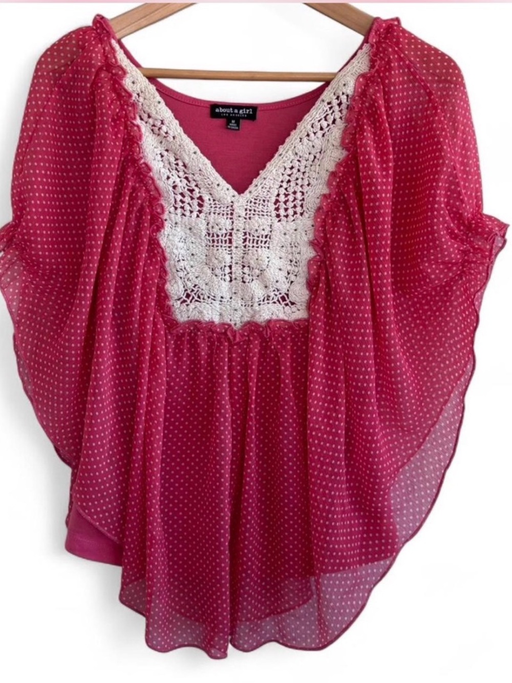 About A Girl Boho Polka Dot Flowy Chiffon‎ Crochet Bell Sleeve Blouse Top Size M